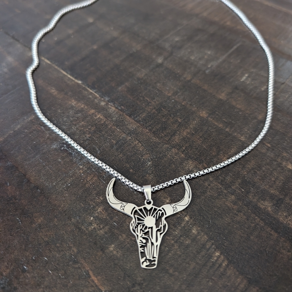 Stainless Steel Silver Bull Pendant Necklace